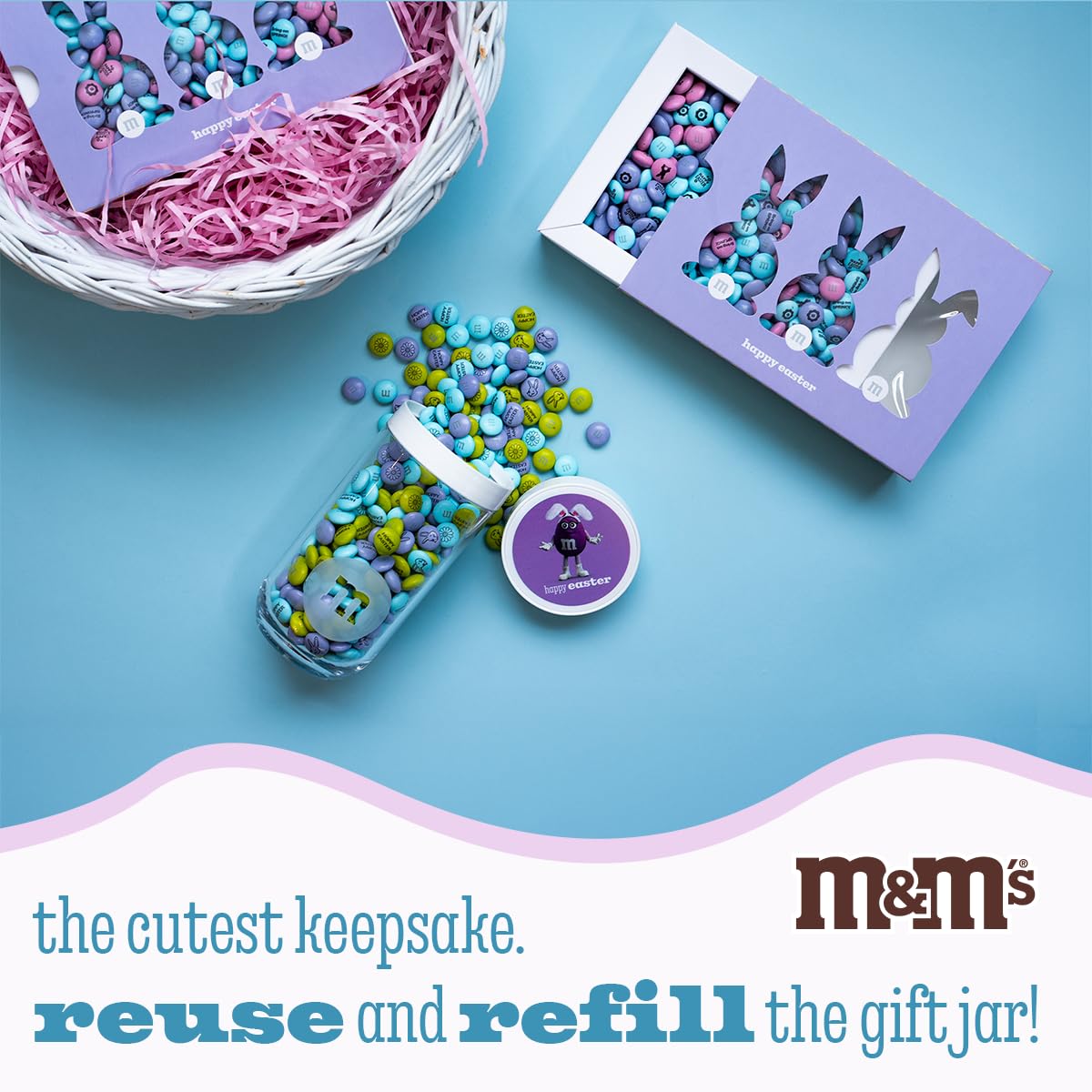 Festive Easter decal on the jar enhances gift-ready presentation for parties or favors.