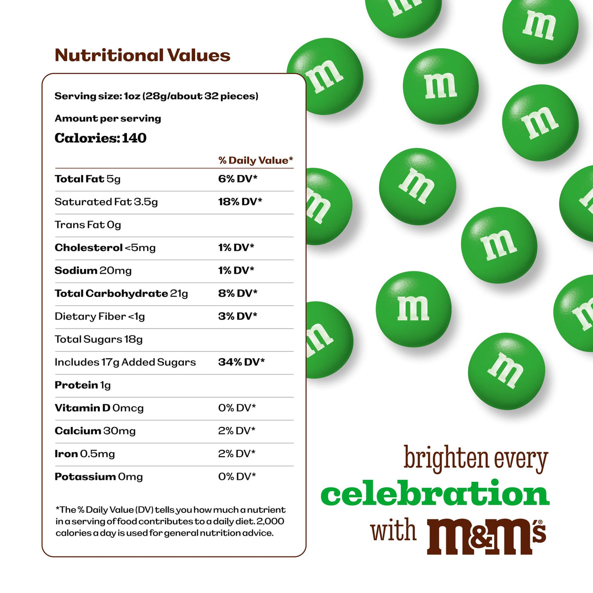 Green M&M’S WORLD candies poured into a candy bowl for colorful dessert decor.