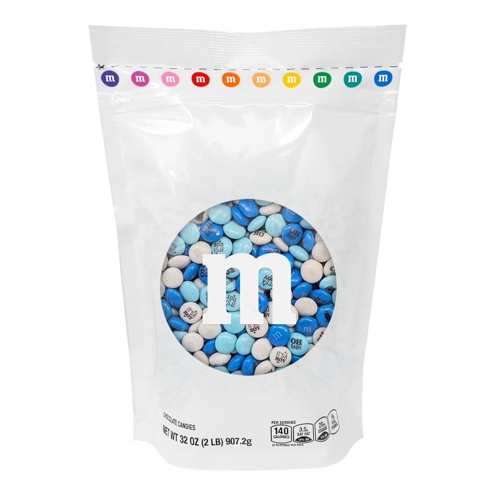 M&M'S WORLD It's A Boy bulk bag with blue baby shower icons for decor and favors.