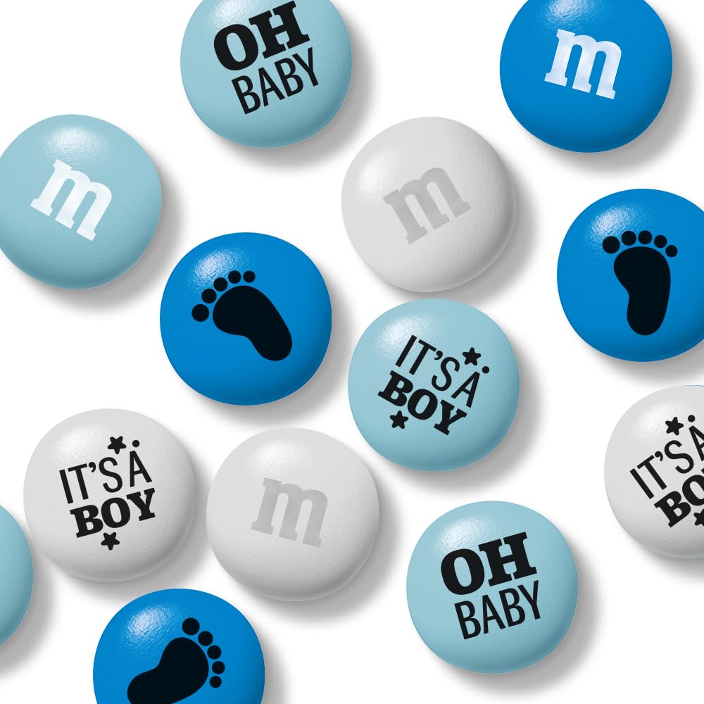 M&M'S WORLD It's A Boy milk chocolate candies with white and blue shells for party favors.