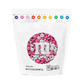 M&M'S World It's A Girl milk chocolate candy 2lb bag front label highlights pink and white colors.
