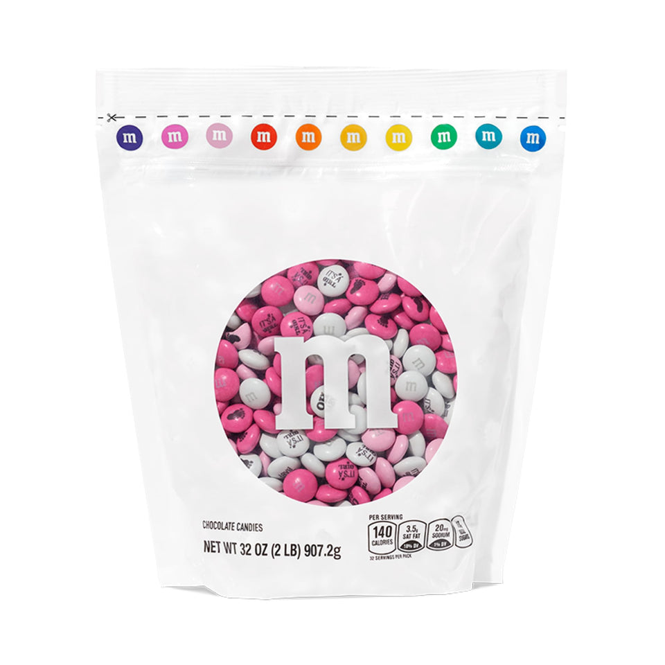M&M'S World It's A Girl milk chocolate candy 2lb bag front label highlights pink and white colors.