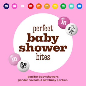 M&M'S World It’s A Girl text closeup highlights celebratory messages for baby showers.