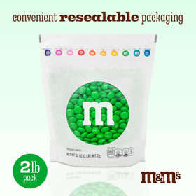 Resealable pack keeps M&M’S WORLD green chocolates fresh at home.