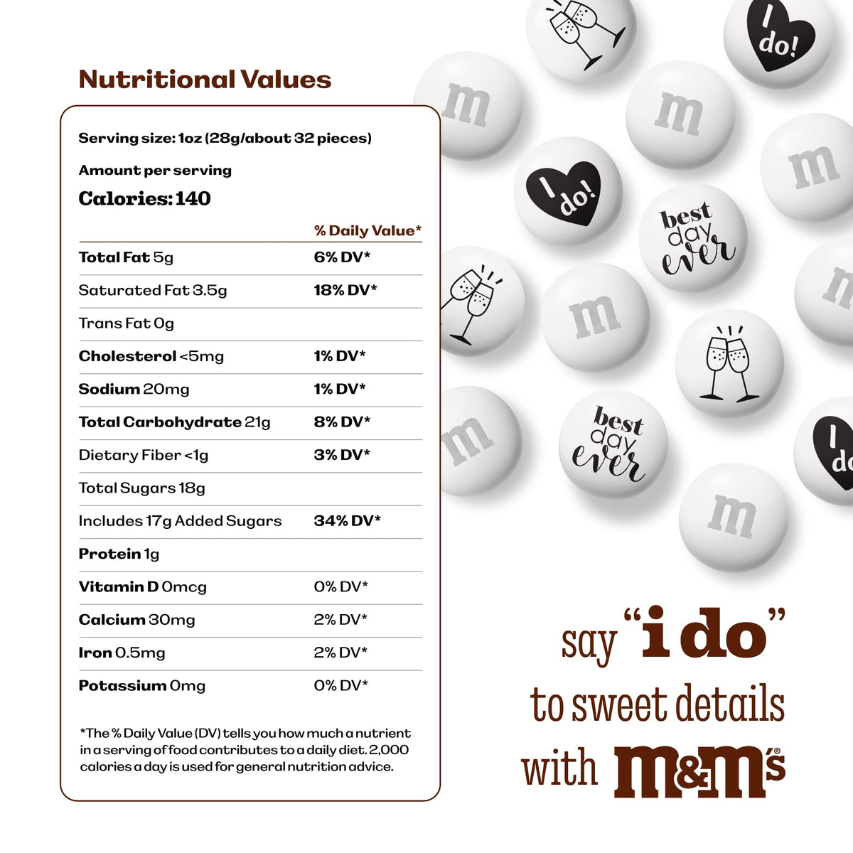 M&M'S WORLD white candies with wedding graphics for elegant cake toppers