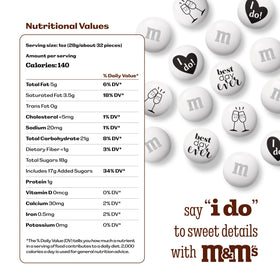 M&M'S WORLD white candies with wedding graphics for elegant cake toppers