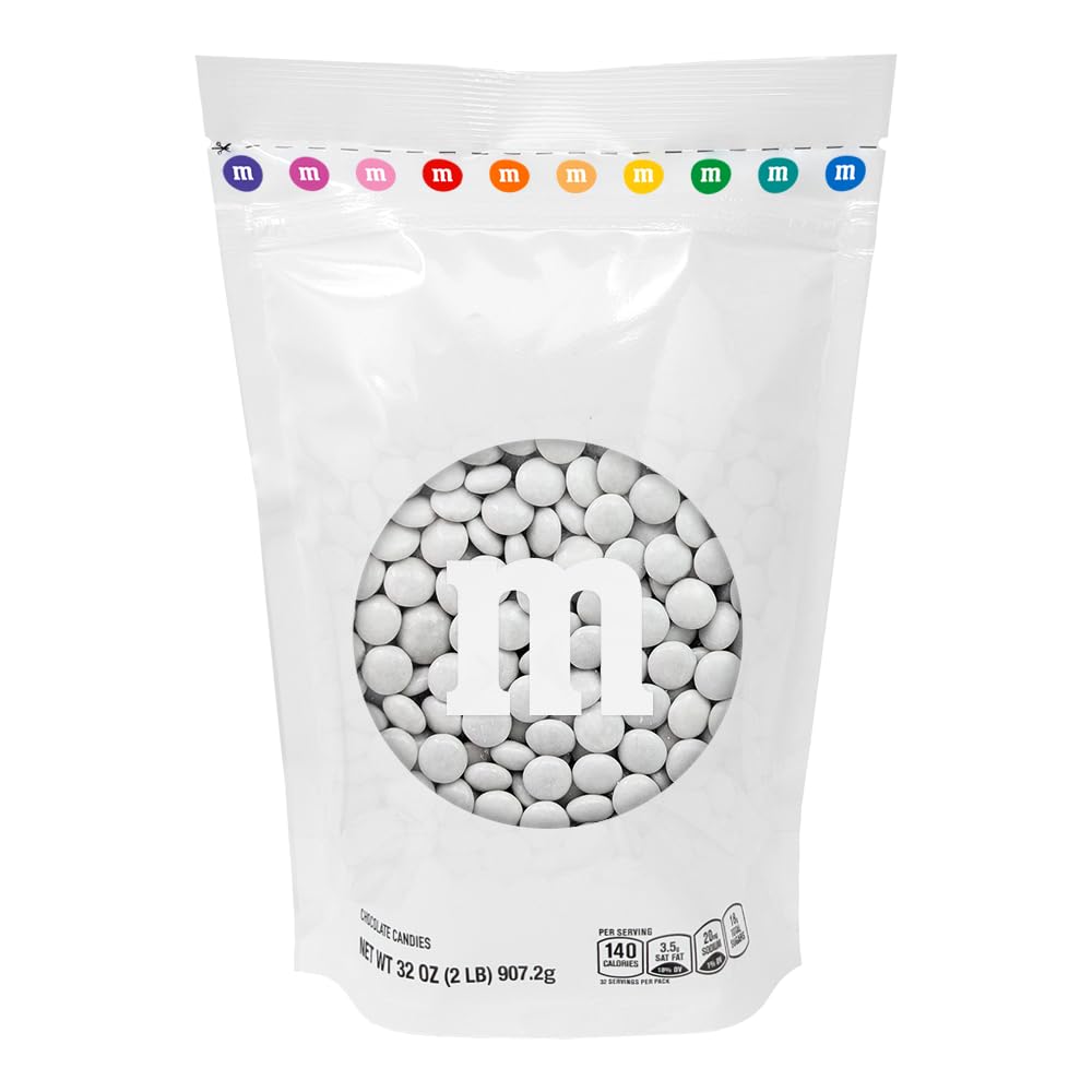 M&M'S WORLD white milk chocolate candy 2lb resealable pack ideal for parties and refills.