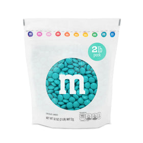 M&M'S WORLD Aqua Milk Chocolate Candy pack shows vibrant colors for gifting and freshness