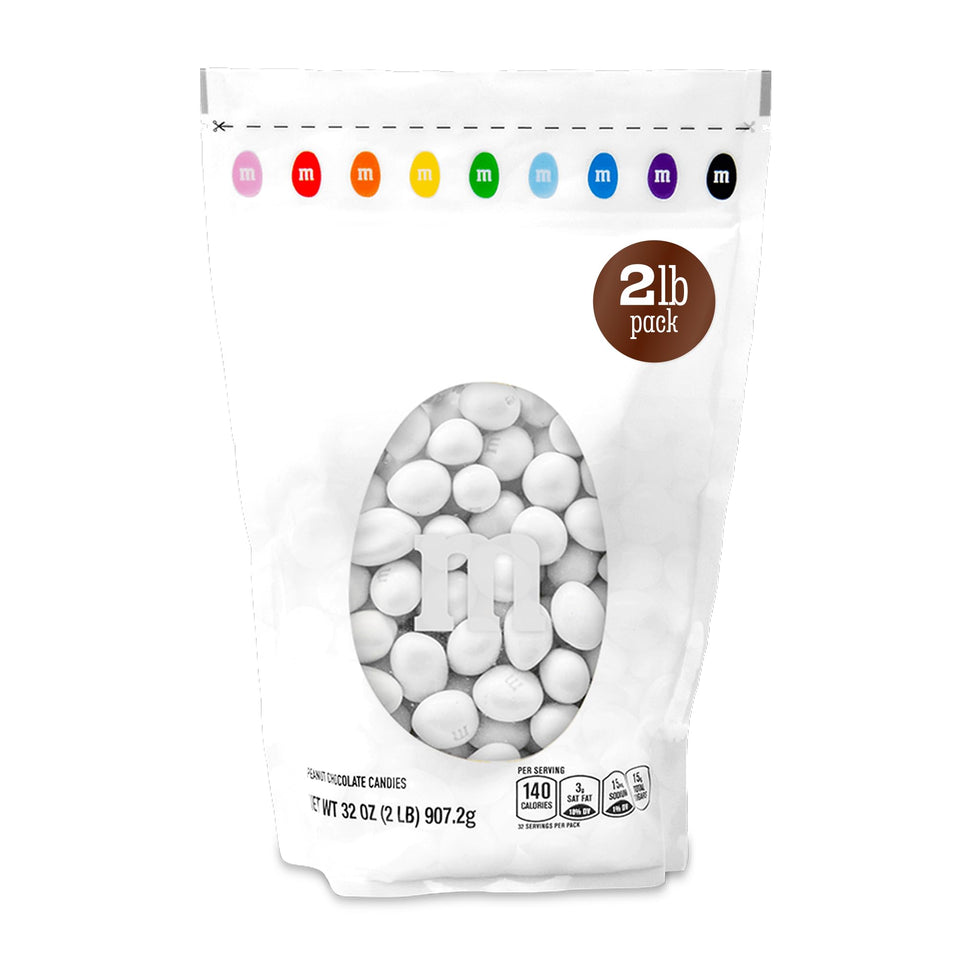 M&M’S WORLD White Peanut Chocolate Candy bulk bowl adds color to dessert tables.
