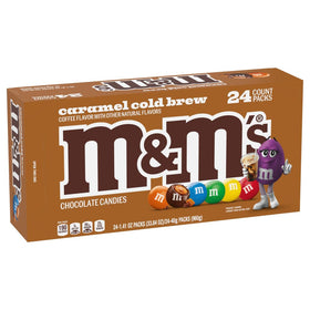 M&M'S Caramel Cold Brew bulk box 24ct on kitchen counter for party prep.