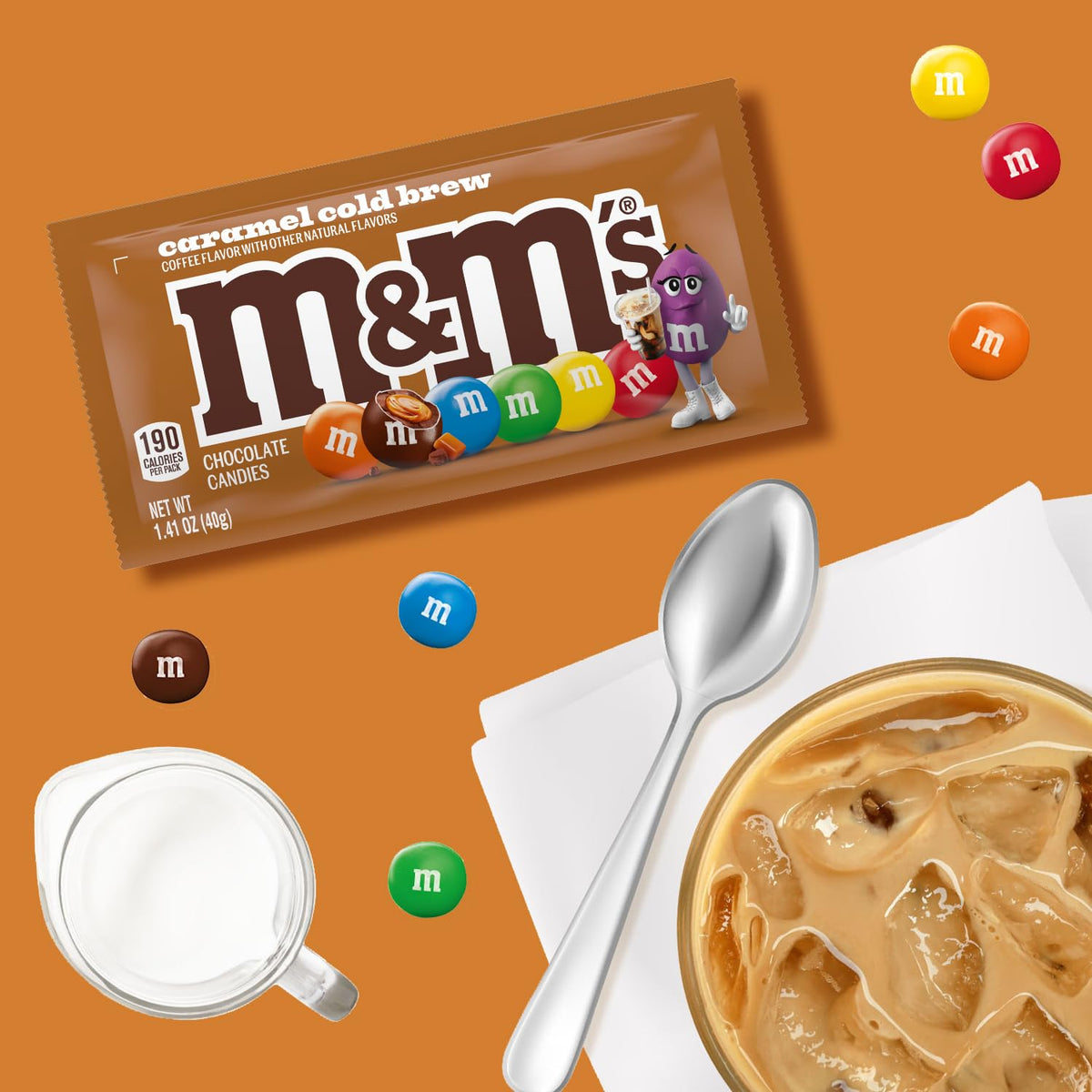 M&M'S Caramel Cold Brew dessert topping on ice cream or baked goods.