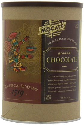 MOCAFÉ Azteca D'oro 1519 tin close-up, premium spice blend for hot chocolate.