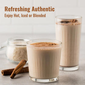 Chilled iced horchata in tall glass emphasizing refreshing flavor