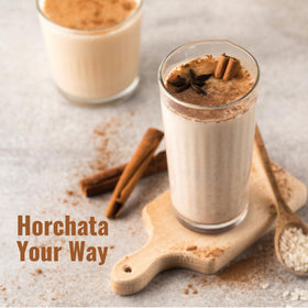 MOCAFÉ Horchata mix powder tub closeup highlighting easy-to-measure packaging