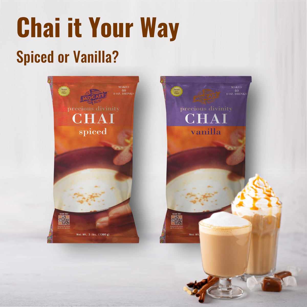 MOCAFÉ Spiced Chai Latte Cup with cinnamon stick garnish for café-style presentation.