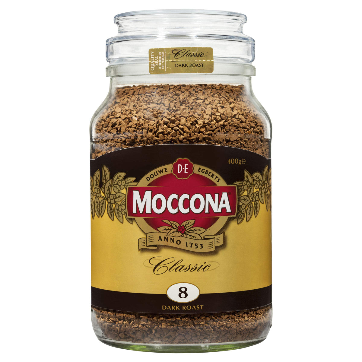 Moccona Dark Roast Classic 8 brew-pour highlighting bold flavor and rich aroma.