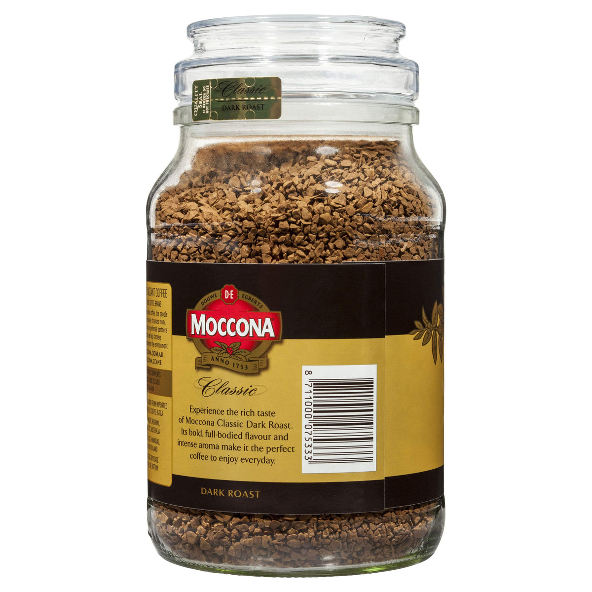 Moccona Dark Roast Classic 8 pack-shot emphasizing premium packaging and value.