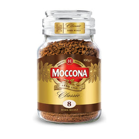 Moccona freeze-dried coffee 100g jar on shelf for quick, flavorful mornings