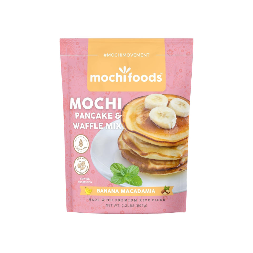 Mochi Foods banana macadamia pancake mix box, gluten-free breakfast option.