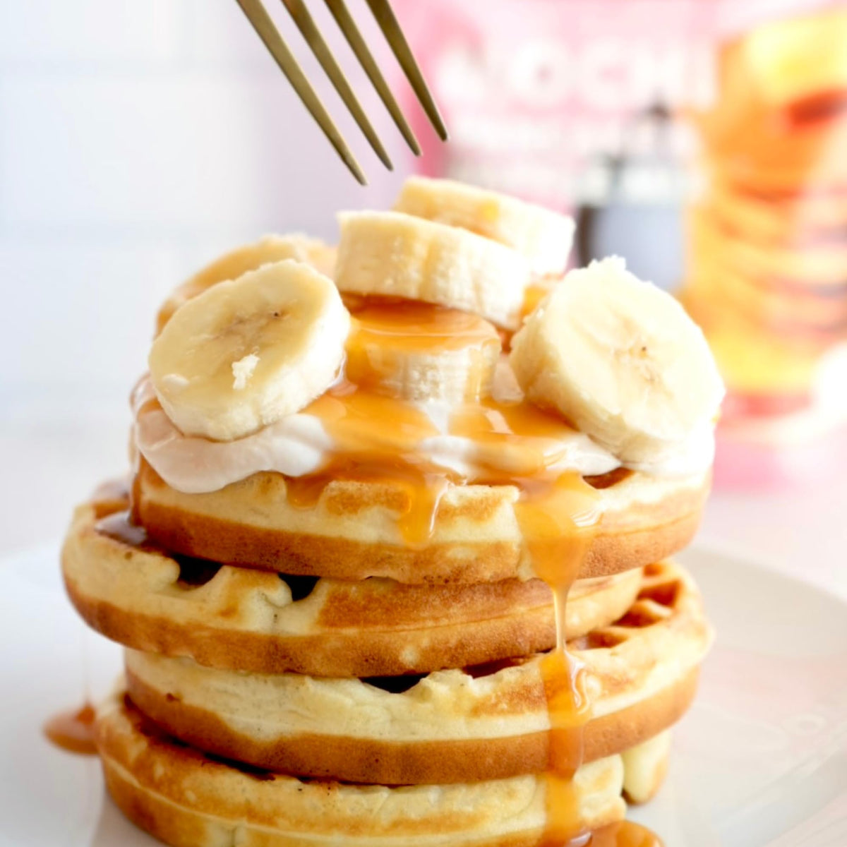 Mochi Foods waffles made with mix, tropical banana flavor in every bite.