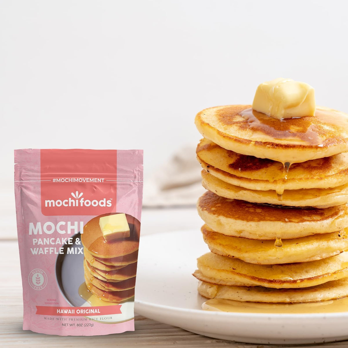 Mochi Foods Hawaii original mochi pancake mix cooked pancakes stack highlights light chewiness