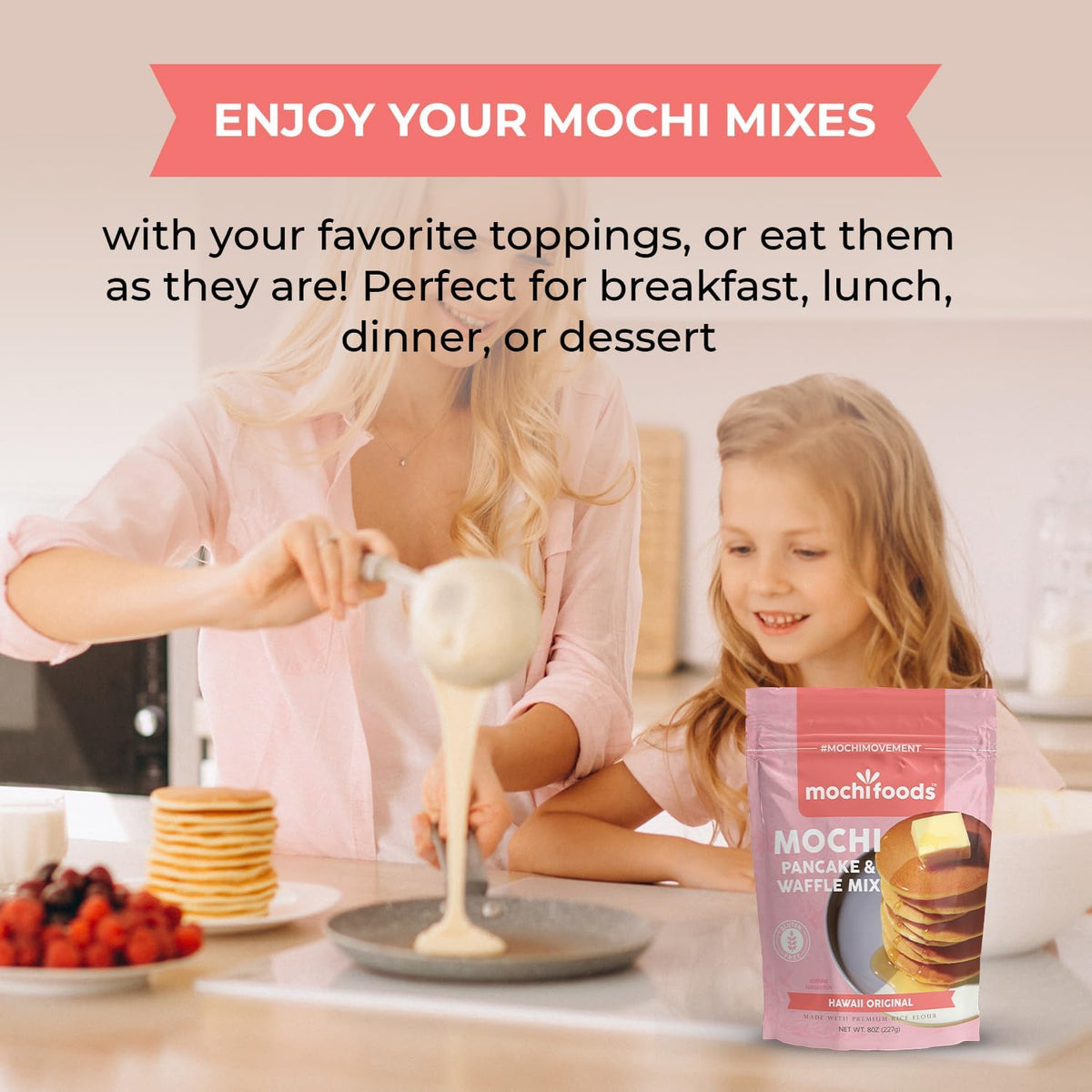 Close-up of ingredients in Mochi Foods Hawaii Original mix emphasizes gluten-free, versatile use.