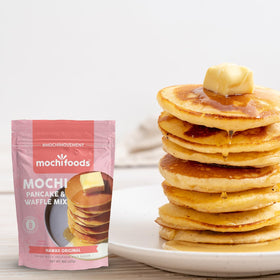 Waffles made with Mochi Foods Hawaii Original mix show crispy edges and tropical flavor.