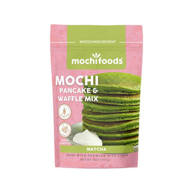 Mochi Foods Matcha Mochi Pancake Mix packaging showcases gluten-free option for breakfast.