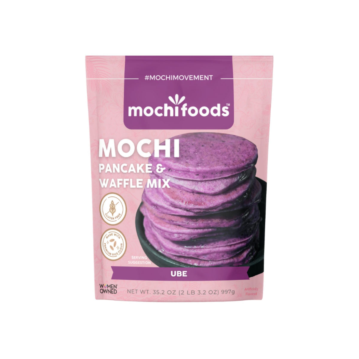 Mochi Foods Ube Pancake Mix in a bowl ready for gluten-free pancakes.