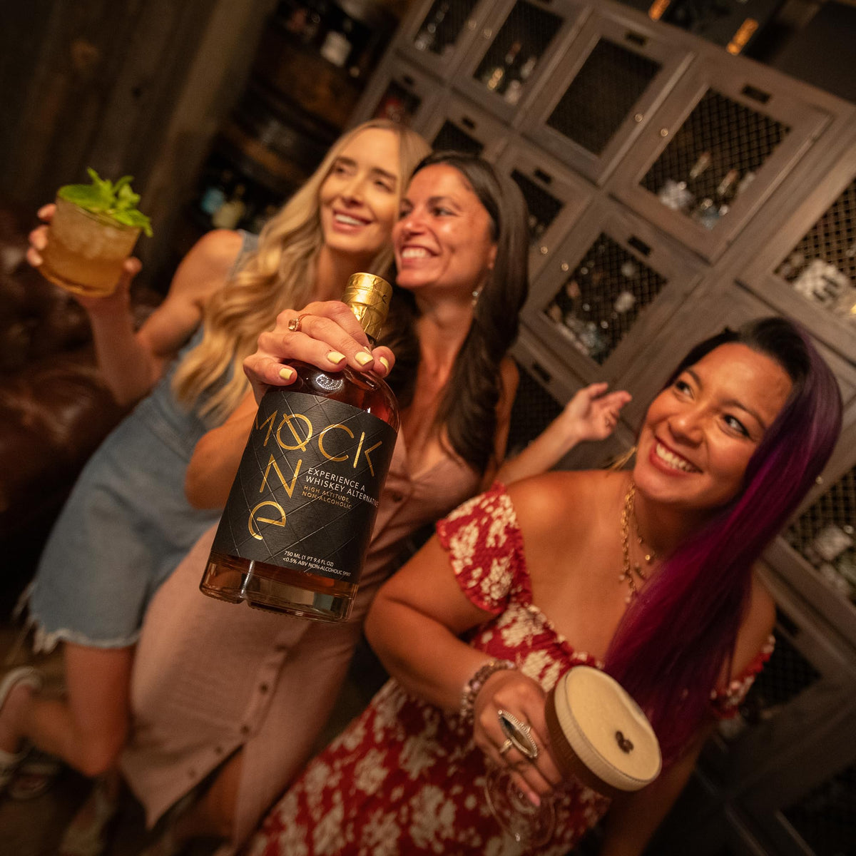 Bartop scene showcasing Mock One bottle for at-home mixing.