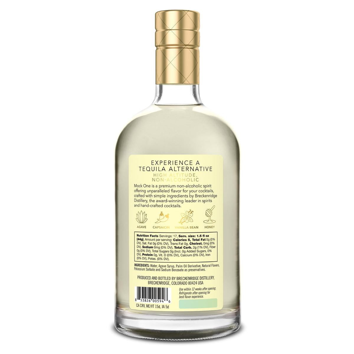 Mock One Tequila bottle pour reveals balanced agave notes for mocktails.
