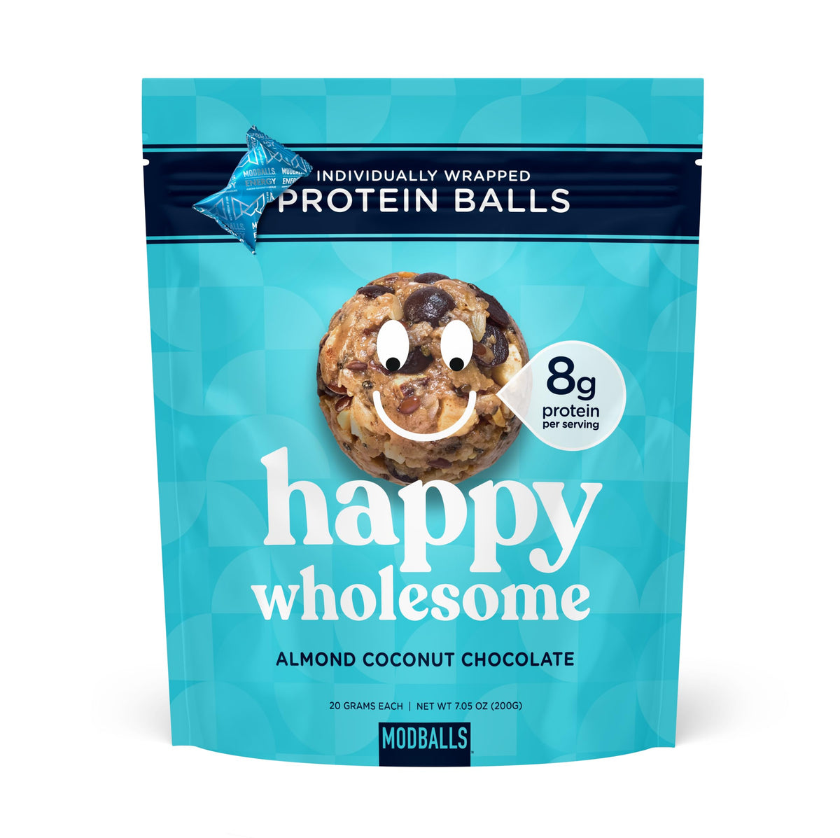 ModBalls Happy Wholesome almond coconut chocolate protein balls pack for on-the-go snacking