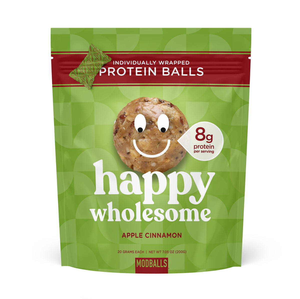 ModBalls Happy Wholesome Apple Cinnamon protein balls in a bag, convenient snack for busy days.