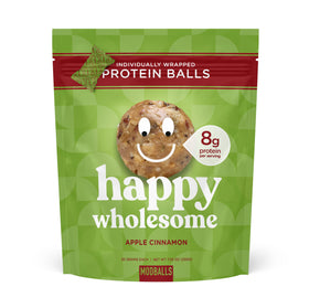 ModBalls Happy Wholesome Apple Cinnamon protein balls in a bag, convenient snack for busy days.