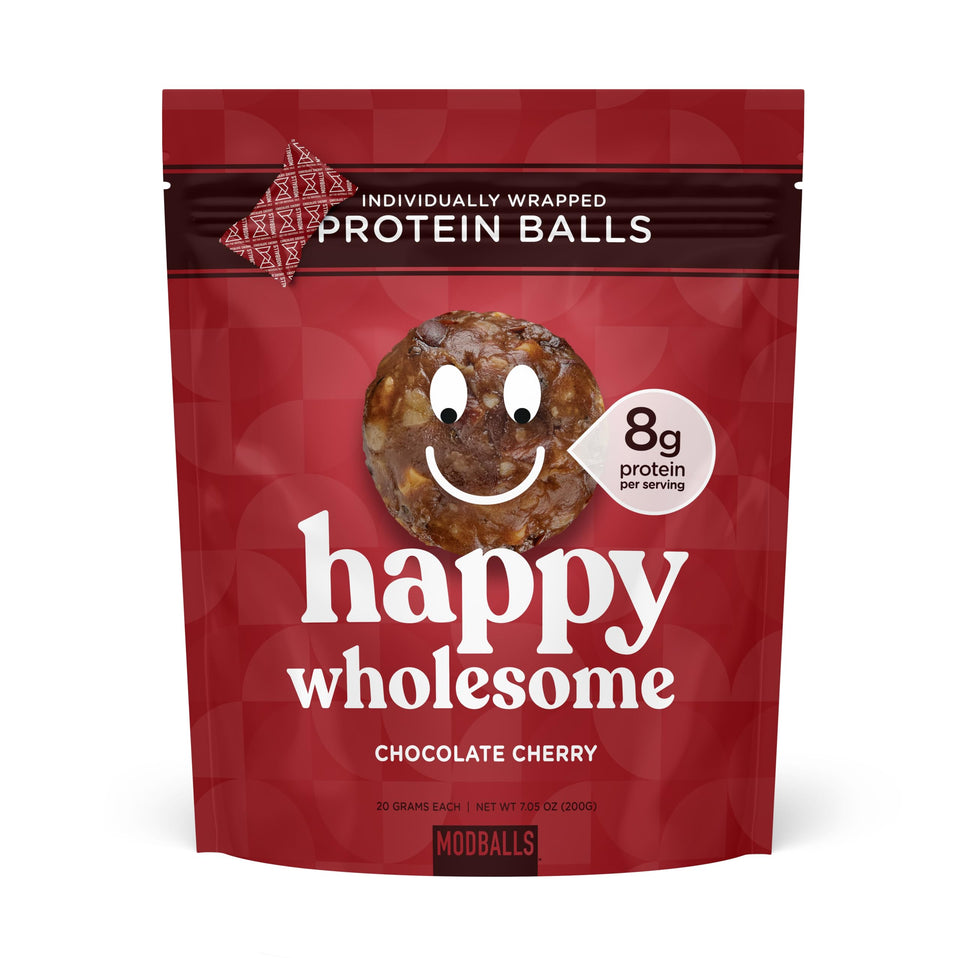 ModBalls Happy Wholesome Protein Balls, chocolate cherry pack, ideal for on-the-go snacking.
