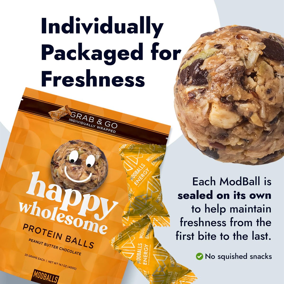 MODBALLS protein balls on the go, individually wrapped for easy portable snacking