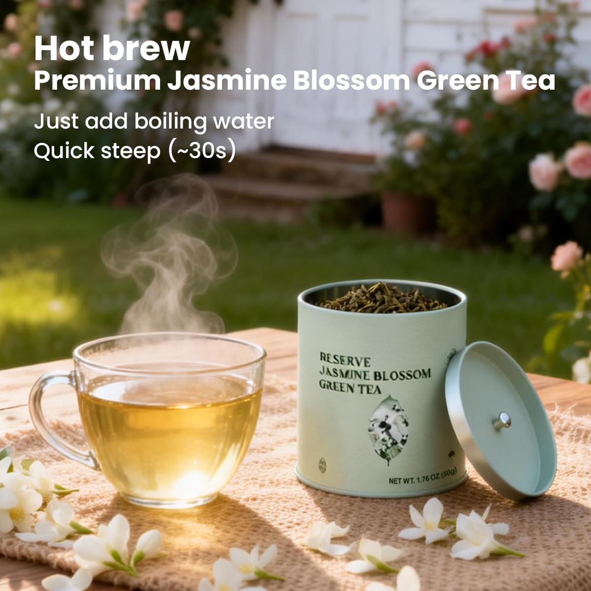 MODERN CHINA TEA SHOP Chayan Jasmine hot brew ready in a steaming cup