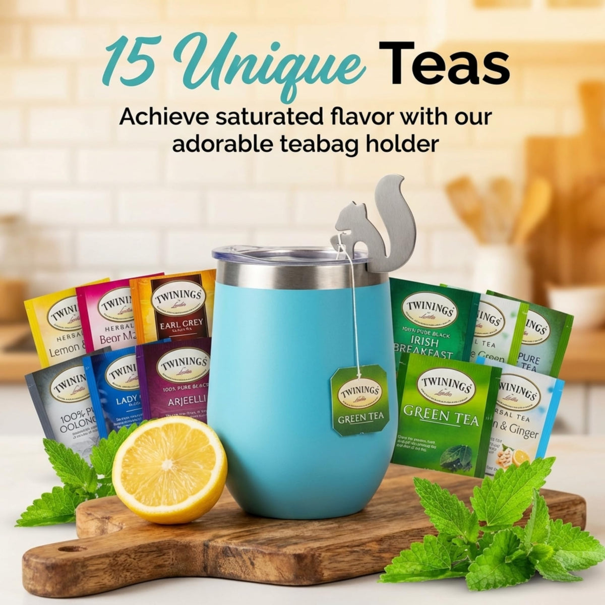 Modern Elegance tea bag holder keeps bags tidy and within reach.