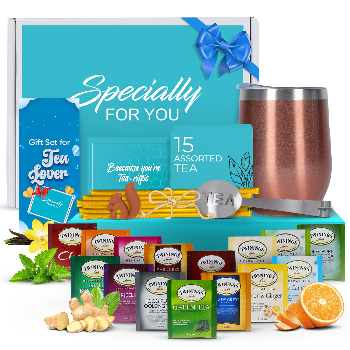 Modern Elegance tea tumbler gift set in rose gold for on-the-go tea enjoyment.