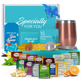 Modern Elegance tea tumbler gift set in rose gold for on-the-go tea enjoyment.