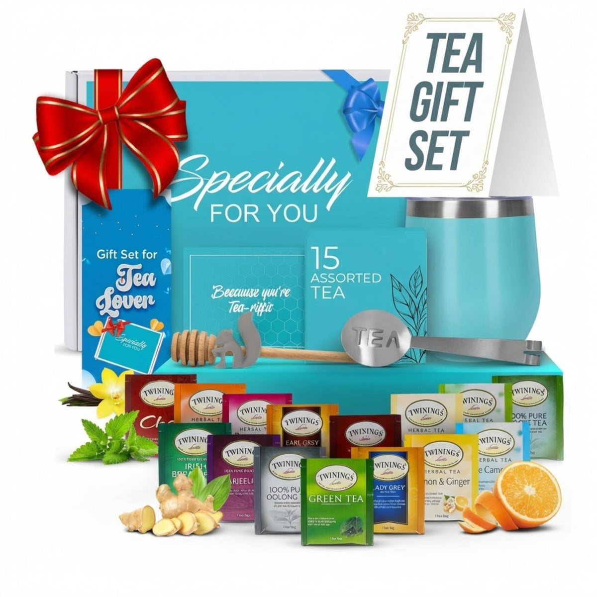 Modern Elegance tea tumbler gift set teal keeps hot or cold tea for hours.