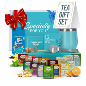 Modern Elegance tea tumbler gift set teal keeps hot or cold tea for hours.