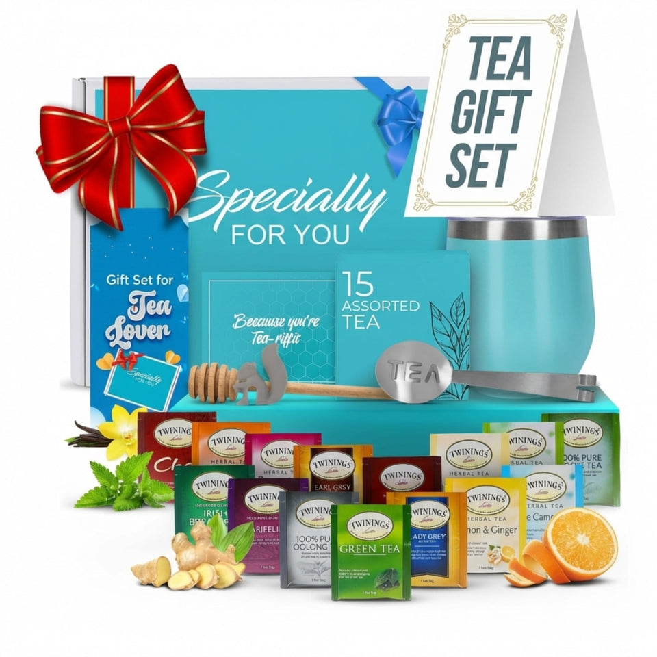 Modern Elegance tea tumbler gift set teal keeps hot or cold tea for hours.