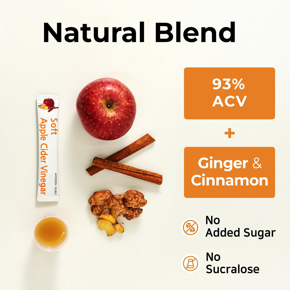 MODERN GURU ACV packet featuring ginger-cinnamon blend for smoother sip.
