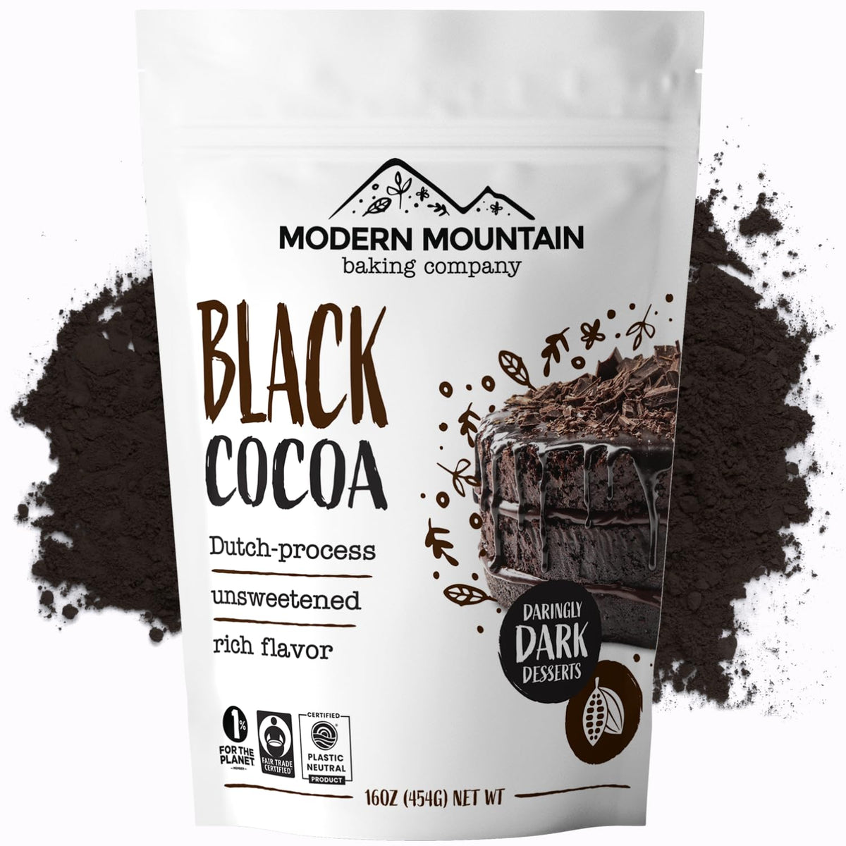 Modern Mountain Black Cocoa Powder 1lb pack for intense color in desserts.