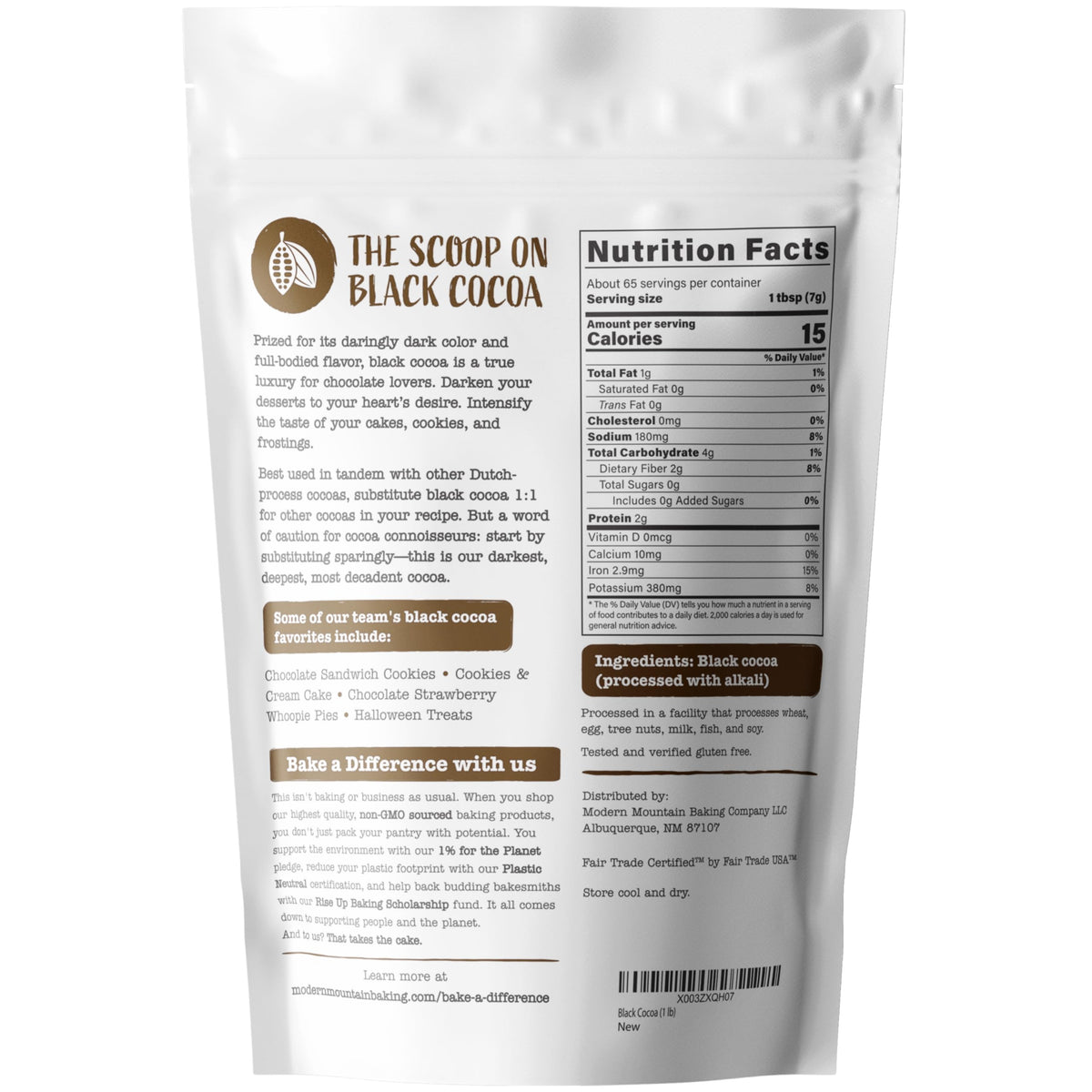 Modern Mountain Black Cocoa Powder Dutch-processed for deep chocolate flavor.