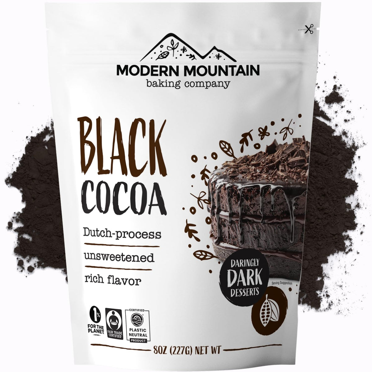 Modern Mountain Black Cocoa Powder in a tin front shows deep color for rich baking.