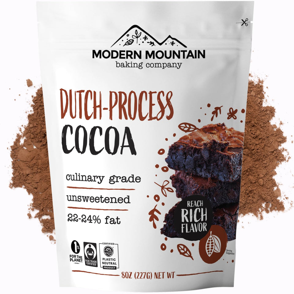 MODERN MOUNTAIN Cocoa Powder jar close-up highlighting rich aroma for baking.