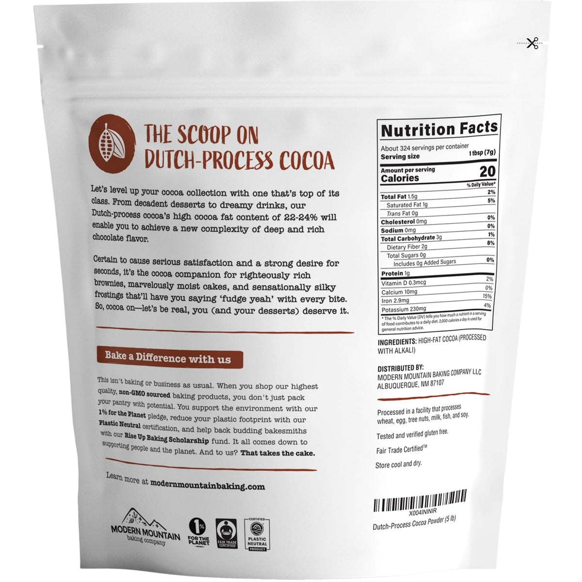 Modern Mountain Dutch processed cocoa powder back label shows non-GMO and Fair Trade details.