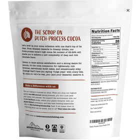Modern Mountain Dutch processed cocoa powder back label shows non-GMO and Fair Trade details.
